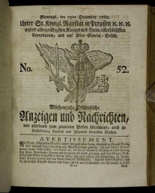 No. 52. Montags, den 29ten December 1760.