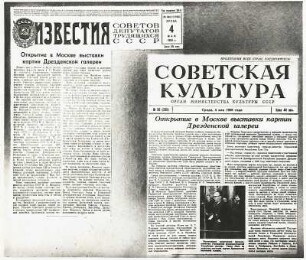 Ausstellung von Bildern der Dresdener Gemäldegalerie in Moskau 1955. Zeitungsausschnitte