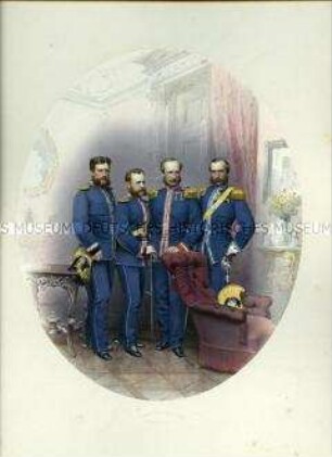 Uniformdarstellung, Porträtfoto, Oberleutnants der Reiter-Regimenter, Sachsen, 1865.