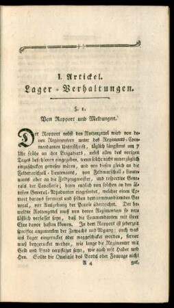 I. Artickel. Lager-Verhaltungen
