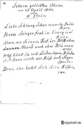 14: Brief von Johann Wilhelm Ludwig der Jüngere Gleim an Johann Wilhelm Ludwig Gleim