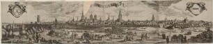 Panorama-Stadtansicht von Münster in Westphalen (Großer Prospekt auf vier Platten) mit Bezeichnung der Gebäude in der Darstellung und zwei Wappen, vorn reiche Staffage