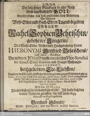 Der bey seinen Gläubigen in aller Noth treu aushaltende Gott bey Leichbestattung der Fr. Rachel Sophien Behrischin geb. Jüngerin ...