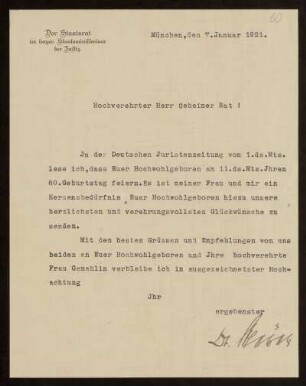 60: Brief von Karl Meyer an Otto von Gierke, München, 7.1.1921