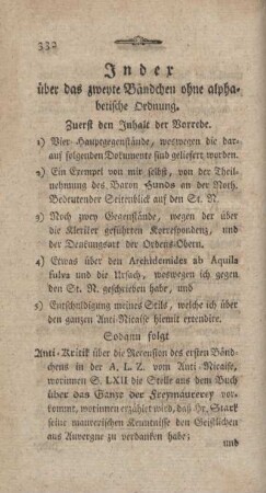 Index über das zweyte Bändchen ohne alphabetische Ordnung.