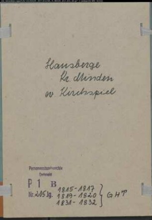 Kirchenbuchduplikat der evangelischen Gemeinde Hausberge, Kreis Minden (GHT 1815-1817, 1819-1820, 1831-1832) (Gemeinde: Evangelische Gemeinde Hausberge)