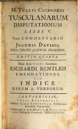 M. Tullii Ciceronis Tusculanarum disputationum libri quinque