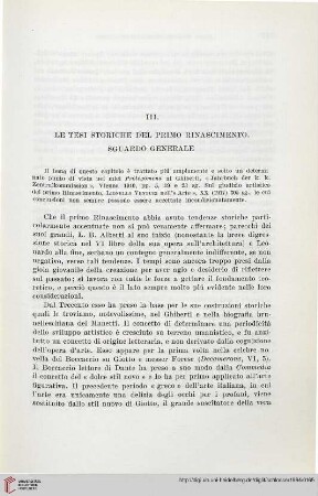 III. Le tesi storiche del primo Rinascimento. Sguardo Generale