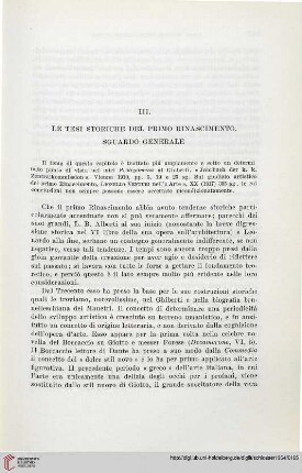 III. Le tesi storiche del primo Rinascimento. Sguardo Generale