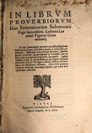 In librum Proverbiorum ... commentarii ...
