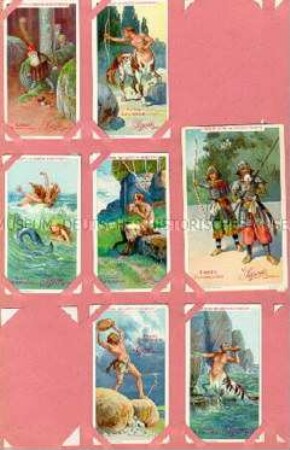 Albumblatt mit aufgesteckten Sammel-Karten mit Sarotti-Werbung aus verschiedenen Serien (Sagen und Märchen / Kriegsführung bei wilden Völkern) - Sachkonvolut