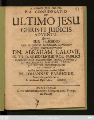 Pia Consideratio De Ultimo Jesu Christi Iudicis Adventu
