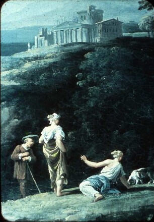 Personengruppe mit Hund vor einem antiken Tempel