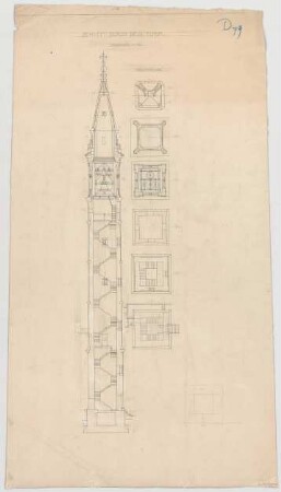 Thiersch, August ; München - Schwabing; Kath. Pfarrkirche St. Ursula - Turm (Grundrisse, Schnitt)