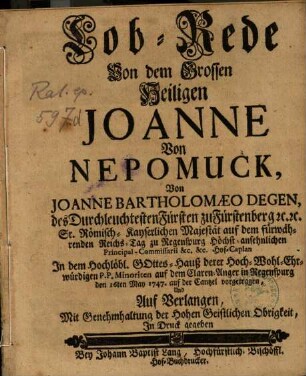 Lob-Rede Von dem Grossen Heiligen Joanne Von Nepomuck