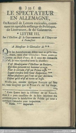 Lettre III. Sur l'Election & le Couronnement de l'Empereur à Francfort