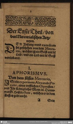 Der Erste Theil, von den Mercurialischen Artzneyen