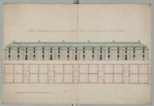 Wesel, Kaserne. Entwurf, Grund- und Aufriss : Wesel, Kaserne. Entwurf, Grund- und Aufriss, Jean de Bodt, um 1710/1720. Hälfte 18. Jh. Feder, Pinsel in Wasserfarbe/Papier. 42,9 x 63 cm. Bez.: "Plan et Elevation dun Corps des Cazernes, qui contient La Longueur entiere d'une Courtine de La Citadelle de Wesel." Maßstab mit Maßeinheit "Toises" (1 Toise (Klafter)=18 Fuß), (12 Toises=14 cm).