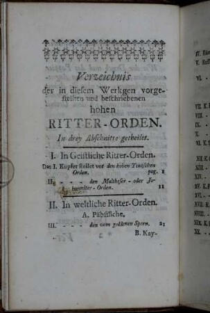 Verzeichnis der in diesem Werkgen vorgestellten und beschriebenen hohen Ritter-Orden.