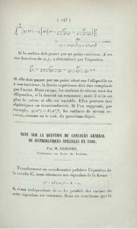 Note sur la question du concours général de mathématiques spéciales en 1888.