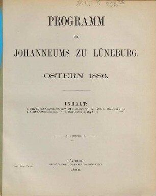 Programm des Johanneums zu Lüneburg : Ostern .... 1885/86
