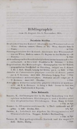 Bibliographie vom 15. August bis 1.November 1859.