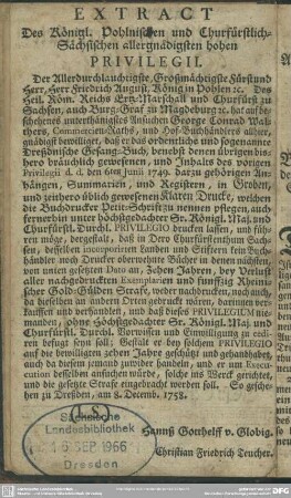Extract Des Königl. Pohlnischen und Churfürstlich-Sächsischen allergnädigsten hohen Privilegii