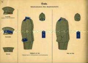 Uniformdarstellung, Schema der Helme, Waffenröcke, Hosen und Achselstücke von Handwerkern des Bayerischen Train, Deutsches Kaiserreich, 1916.