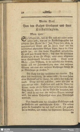 Vierter Brief. Von den Salzen überhaupt und ihrer Kristallisazion