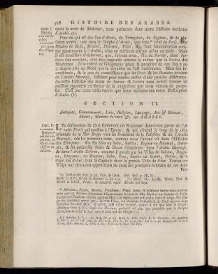 Section II. Antiquité, Gouvernement, Loix, Religion, Langage, Arts & Sciences, Mœurs, Maniére de vivre etc. des Arabes.