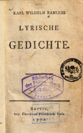 Karl Wilhelm Ramlers Lyrische Gedichte