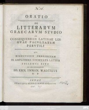 Oratio De Litterarvm Graecarvm Stvdio Ad Conseqvendam Latinae Lingvae Facvltatem Pervtili