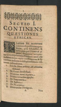 Sectio I. Continens Quaestiones Ethicas.