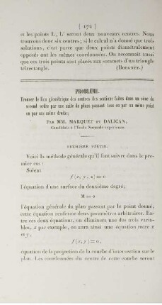 Problème. Trouver le lieu géométrique des centres des sections faites dans un còne du second ordre [...]