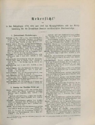 Uebersicht der in Jahrgängen 1890, 1891 und 1892 des Reichsgesetzblatts und der Gesetzsammlung für die Preußischen Staaten veröffentlichten Staatsverträge
