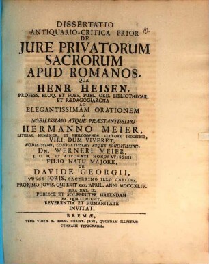 Dissertatio antiquario-critica ... De jure privatorum sacrorum apud Romanos, 1