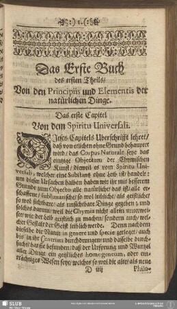 [Der erste Theil Dieses Chymischen Tractats, oder kurtzen Begriffs]