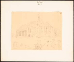 Dom St. Peter, Schleswig: Perspektivische Seitenansicht von Süden vom Chor her mit barockem Glockenturm-Dachreiter, zahlreiche Details (u.a. Zwillingsfensterbögen und Granitreliefquader (Löwenplastik) neben Petri-Portal) - Vor Errichtung des neugotischen Westturmes