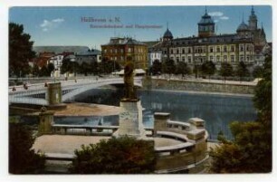 "Bismarckdenkmal und Hauptpostamt" - Postamt 1 (Kaiserstraße 2), Bismarck-Denkmal, Neckarbrücke (color)