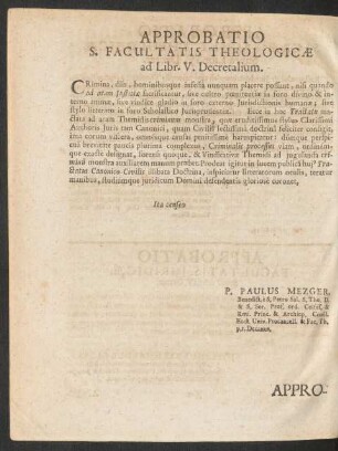 Approbatio S. Facultatis Theologicae ad Libr. V. Decretalium