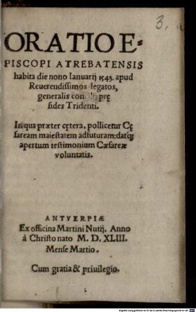 Oratio episcopi Atrebatensis habita die 9. Jan. 1543