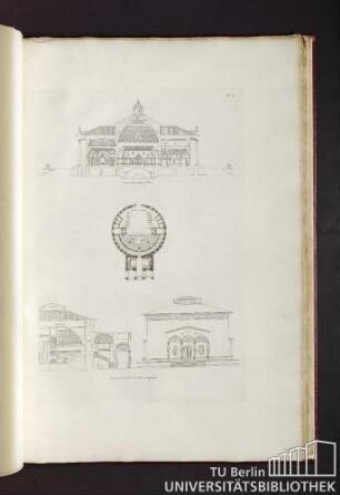 Pl. 3. Coupe du principal pavillion. Plan coupe et élévation de la Salle de spectacle.