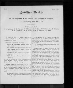 Nr. 3. Zwölfter Bericht des von der Bürgerschaft am 10.December 1862 niedergesetzten Ausschusses zur Prüfung der Wahlen. Januar 1865.