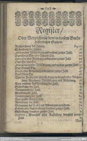 Register, oder Verzeichnüß dero in disem Buche befindlicher Sachen