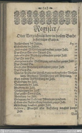 Register, oder Verzeichnüß dero in disem Buche befindlicher Sachen