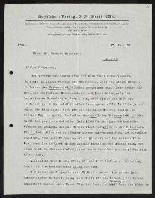 Brief von Samuel Fischer von S.-Fischer-Verlag  an Gerhart Hauptmann
