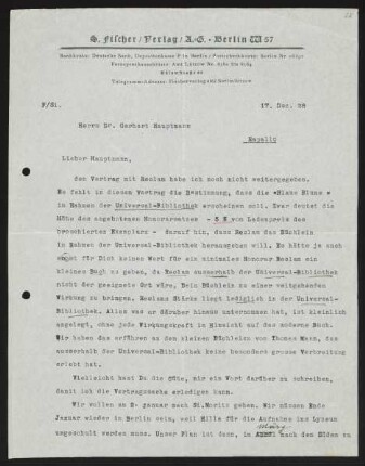 Brief von Samuel Fischer von S.-Fischer-Verlag <Berlin> an Gerhart Hauptmann
