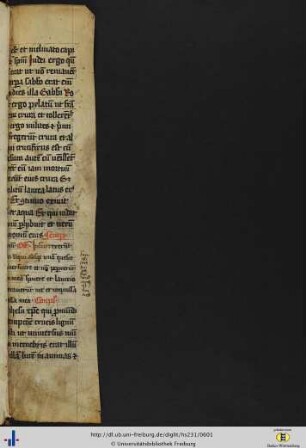 [Hinterer Ansatzfalz] Bruchstück einer lateinischen Pergament-Hs. des 14. Jhs. (Missale: Votivmesse vom Altarsakrament und zu Ehren des Leidens Christi).