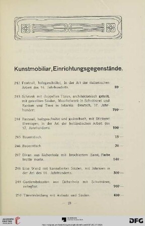 Kunstmobiliar, Einrichtungsgegenstände (Nr. 242-276)