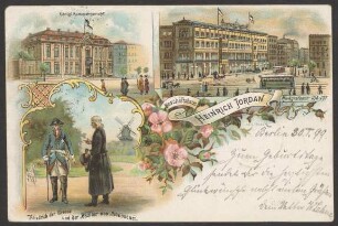 Ansichtskarte Geschäftshaus "Heinrich Jordan", Kammergericht und Friedrich der Große [3/3]